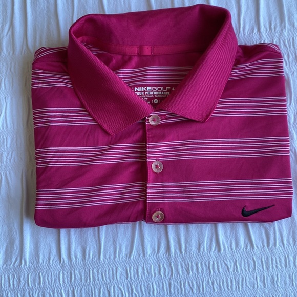 Nike Men’s Golf Tour Performance Dri Fit fuchsia & white striped shirt. XL - Picture 2 of 10